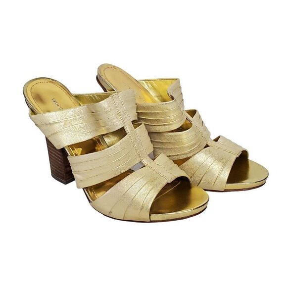 Vince Camuto Slide Heel Sandal 9.5 Gold Leather Ribbed Bands Chunky Almond Toe - Picture 1 of 9